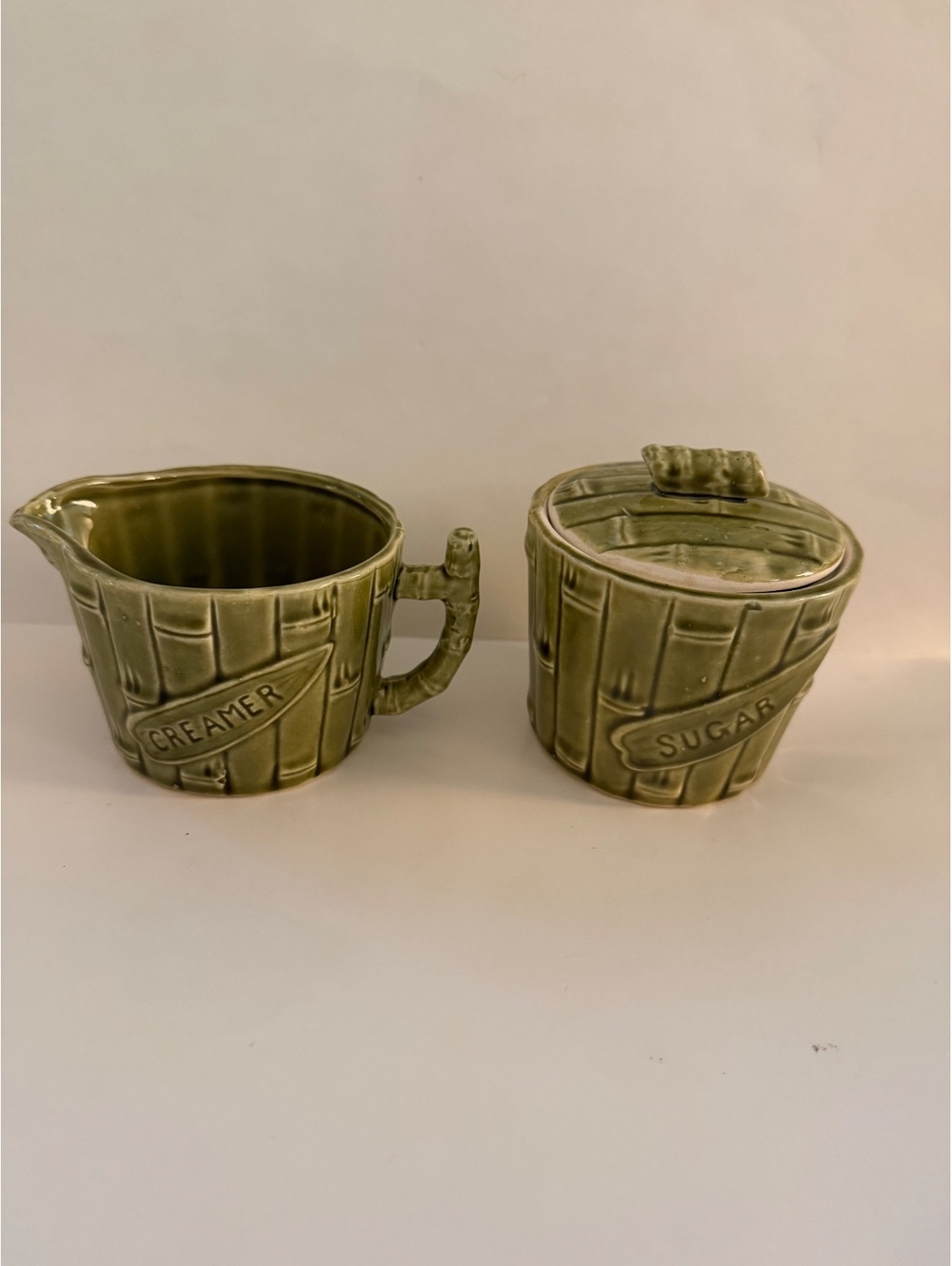 1960s Japan Avocado Green Bamboo Creamer & Sugar Bowl Set MCM Enesco Style
